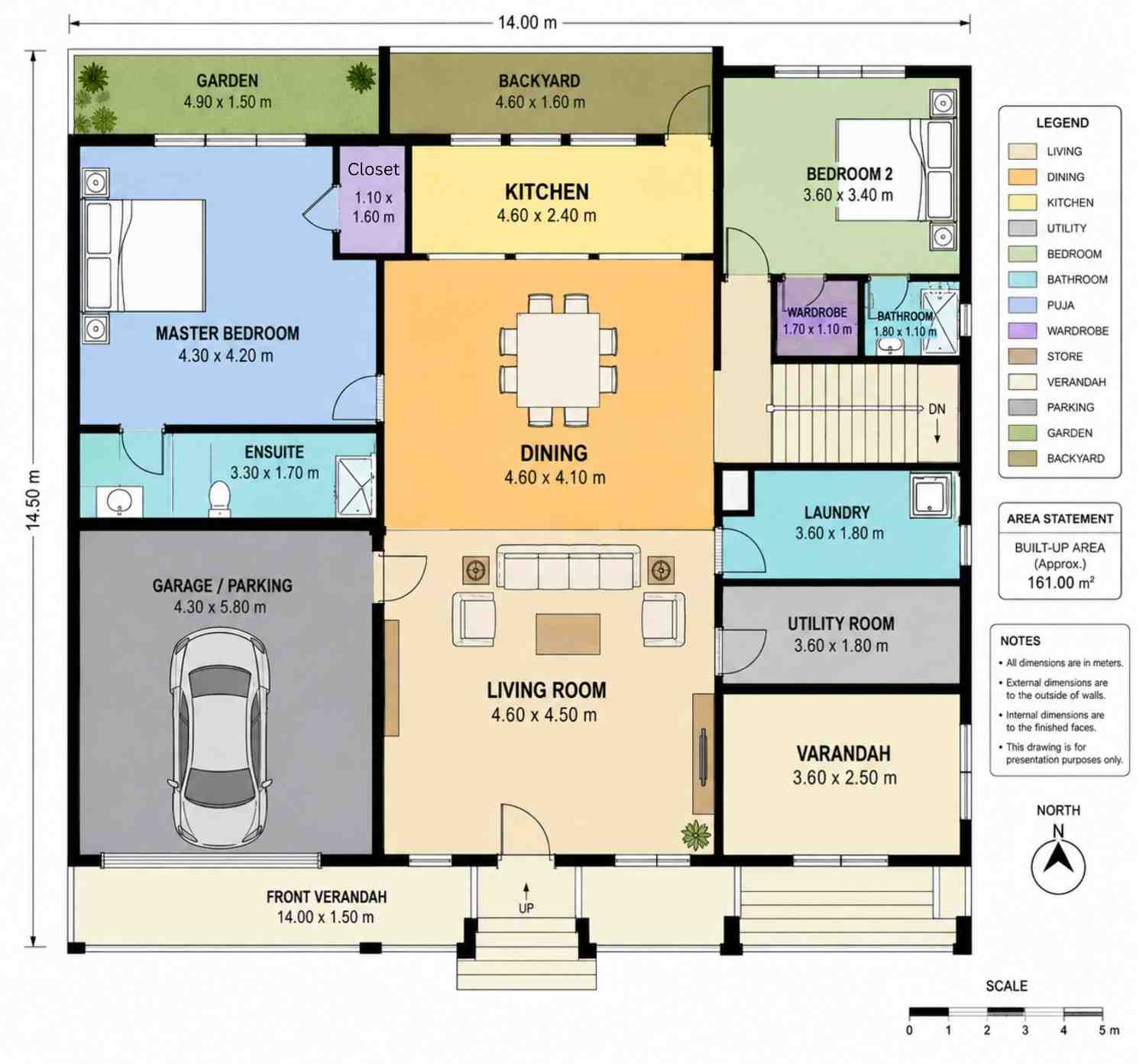 Ground Floor Blueprint Layout of the 5 Bedroom 2 Story Modern House Plan with Massive Bedrooms