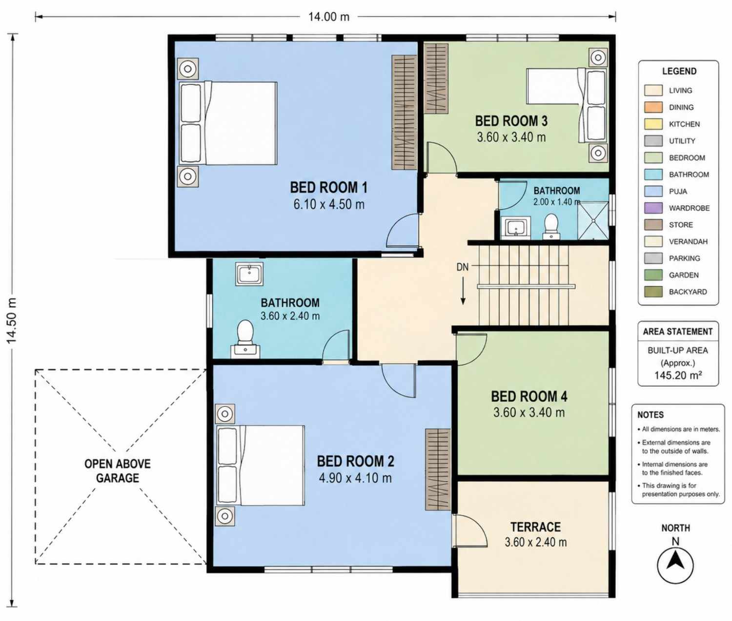 Upper Floor Blueprint Layout of the 5 Bedroom 2 Story Modern House Plan with Massive Bedrooms