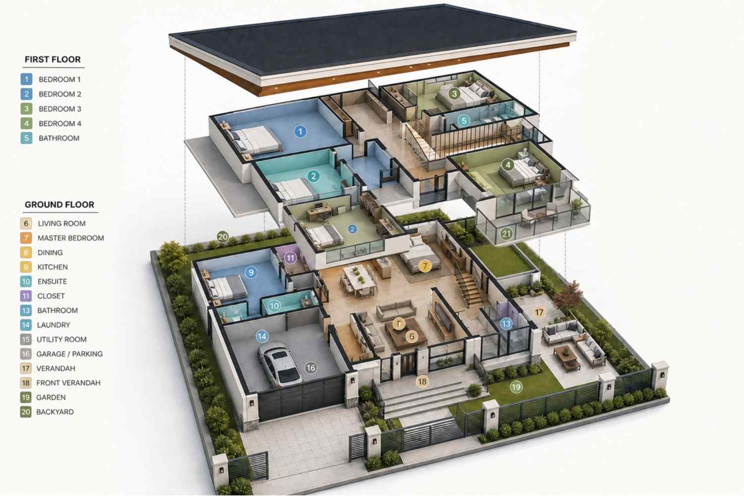 3D Exploded View of the 5 Bedroom 2 Story Modern House Plan with Massive Bedrooms