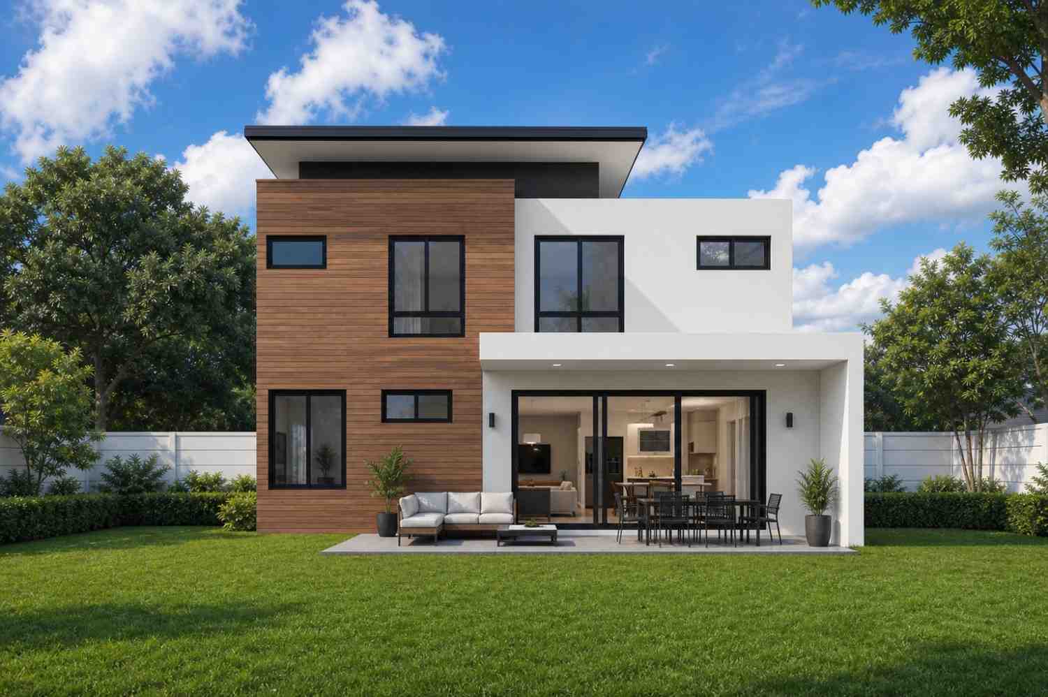 Rear Elevation of 4 Bedroom 2 Story Modern House Plan with Large Balcony