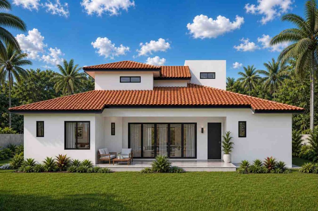 Rear Elevation (Back View) of 3 Bedroom 2 Story Tropical Mediterranean House