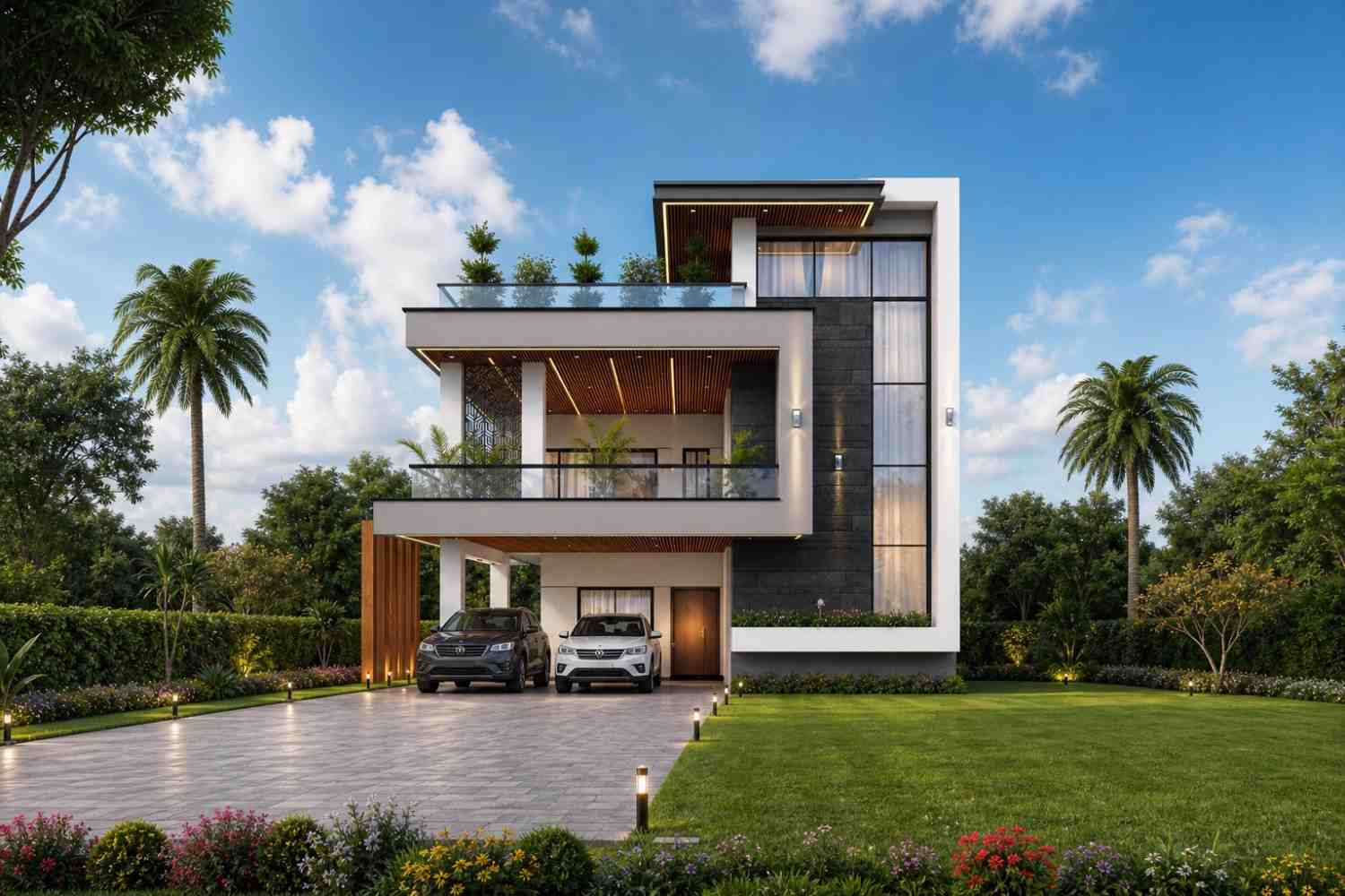 Front Elevation View of 6 Bedroom 3 Story Modern House Plan with Massive Rooftop Terrace