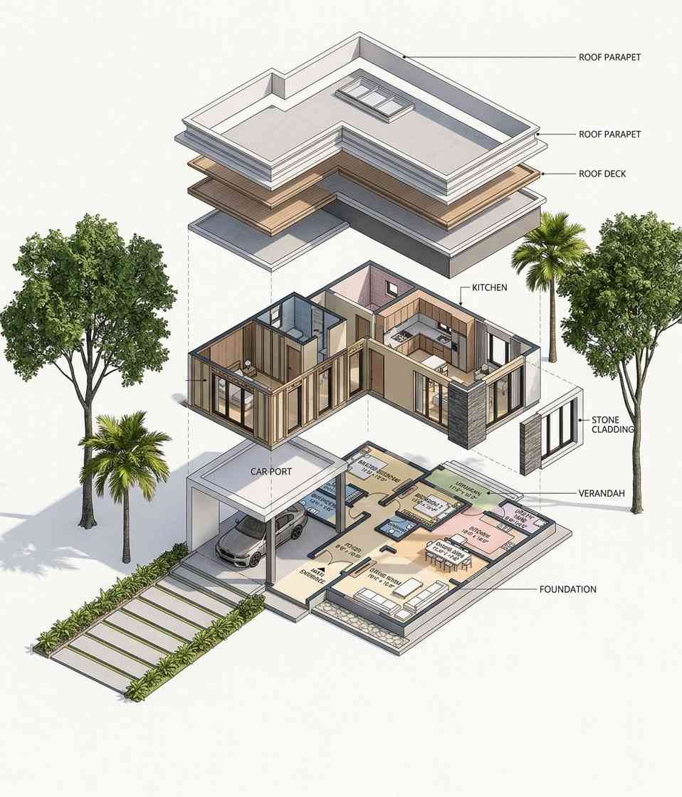 Exploded axonometric view of Modern Contemporary House