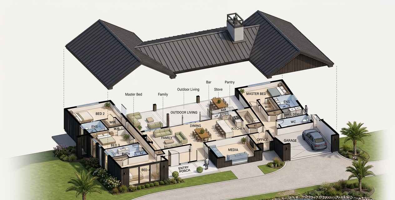 Exploded Axonometric View of Modern Ranch House
