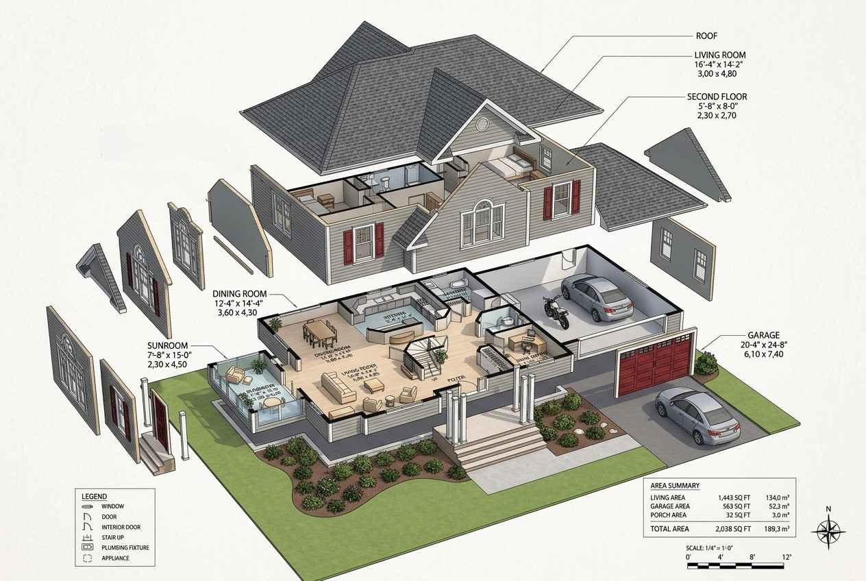 Exploded Axonometric View of Traditional House Plan