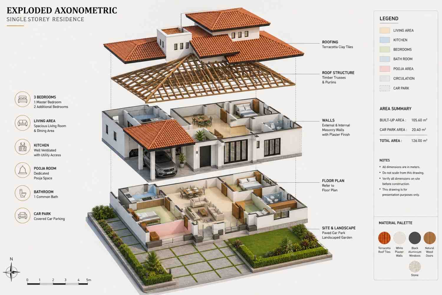 Exploded Axonometric View of 3 Bedroom 2 Story Tropical Mediterranean House