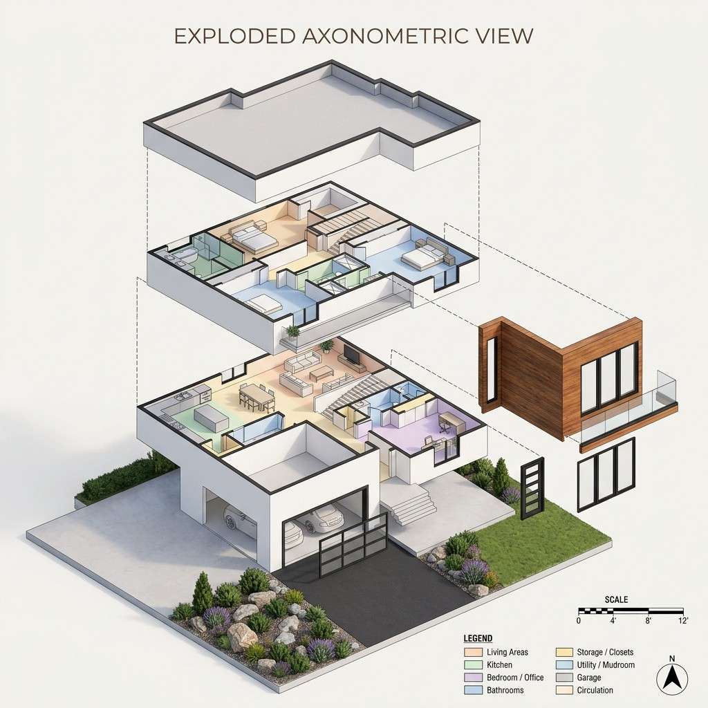 Exploded axonometric view of Modern Contemporary House