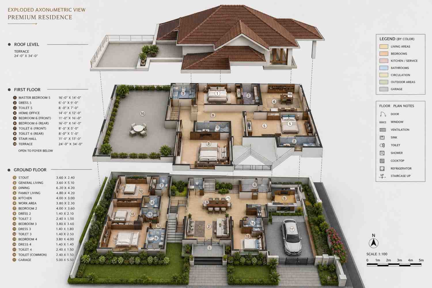 Exploded Axonometric View of 7 Bedroom 2 Story Traditional House Plan with Massive Terrace