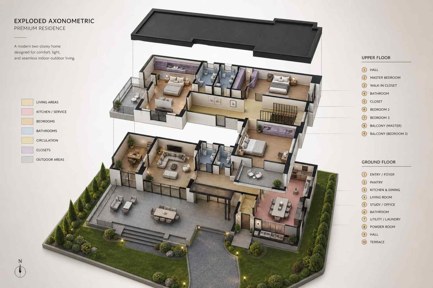 Exploded Axonometric View of 3 Bedroom 2 Story Modern House Plan with Massive Living Terrace