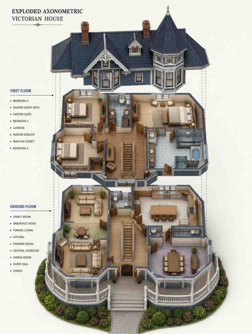 Exploded Axonometric View of the 5 Bedroom 2 Story Victorian House Plan with Turret