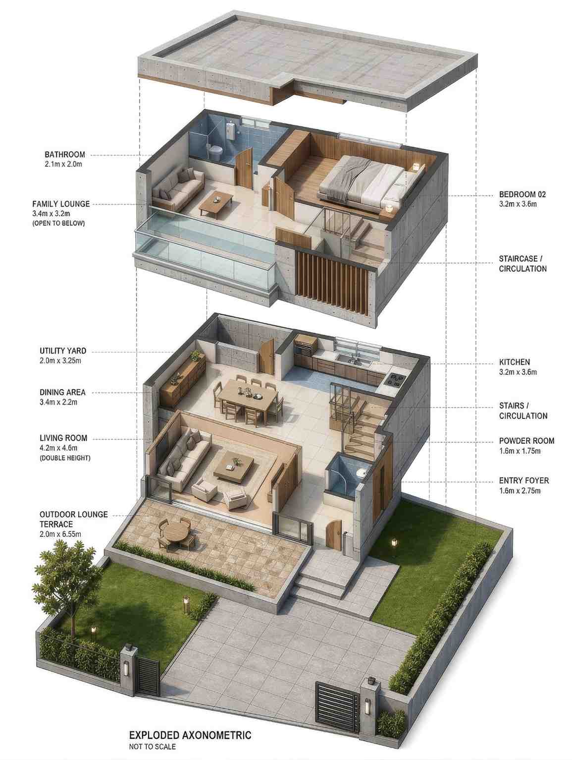 Exploded Axonometric View of 2 Bedroom 2 Story Contemporary Modern House