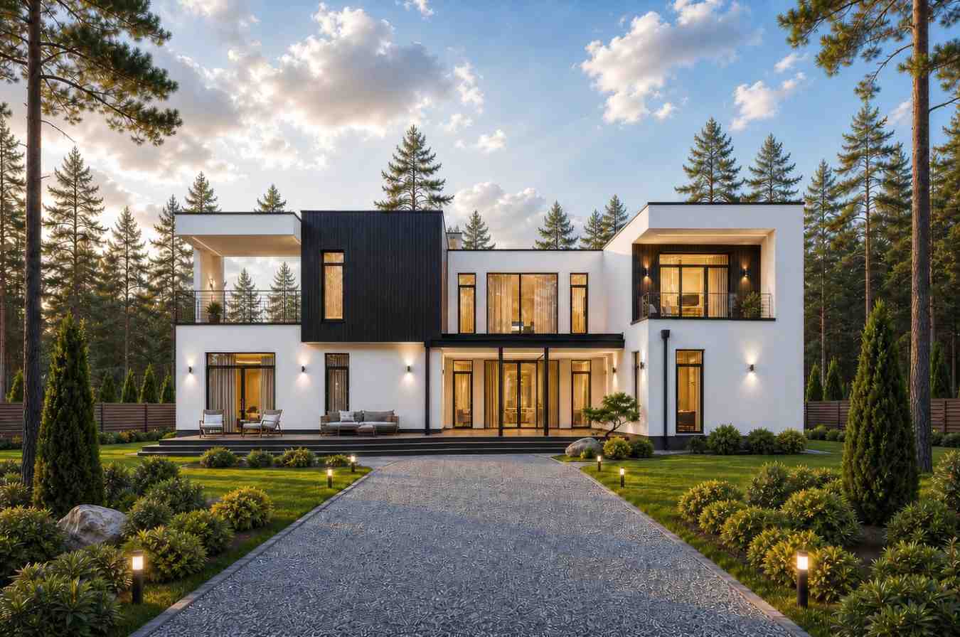Front Elevation of 3 Bedroom 2 Story Modern House Plan with Massive Living Terrace