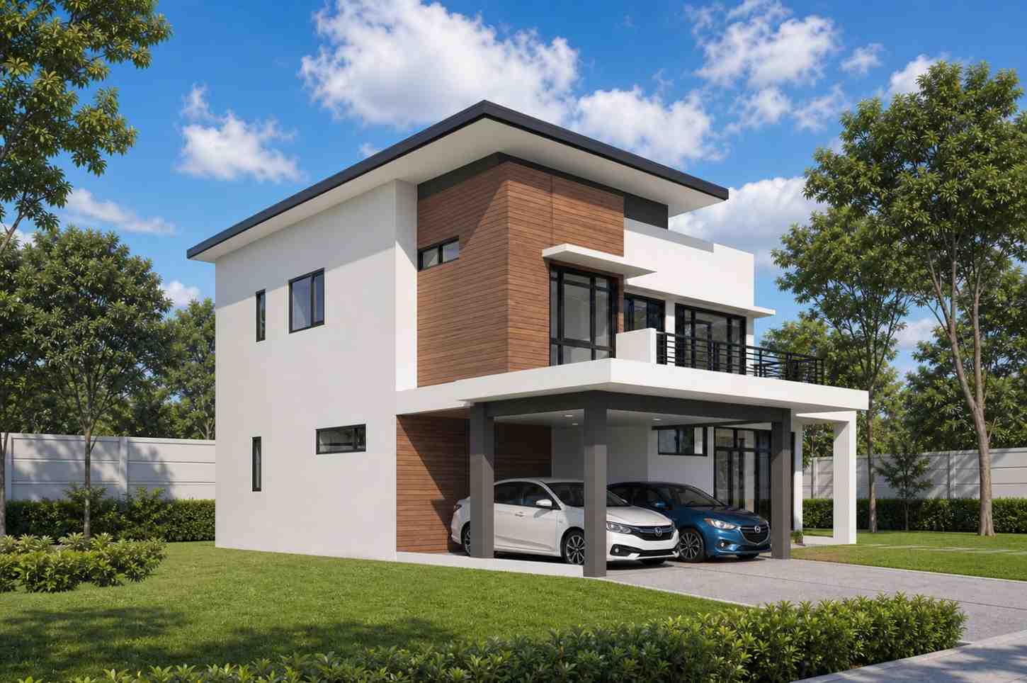 Left Side Elevation of 4 Bedroom 2 Story Modern House Plan with Large Balcony