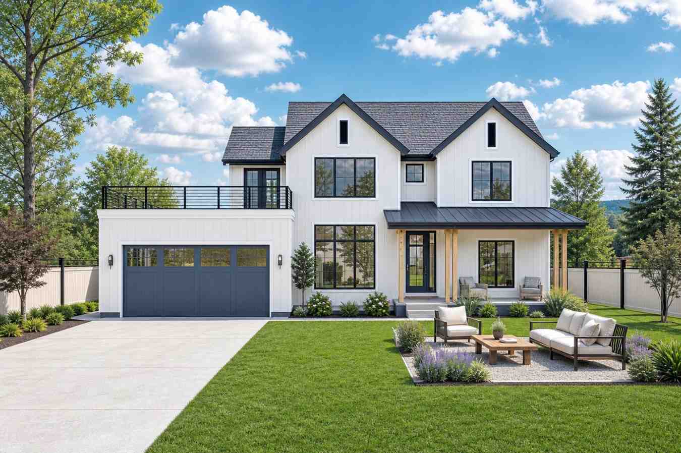 Front Elevation of the 4 Bedroom 2 Story Modern Farmhouse Plan with Roof Terrace