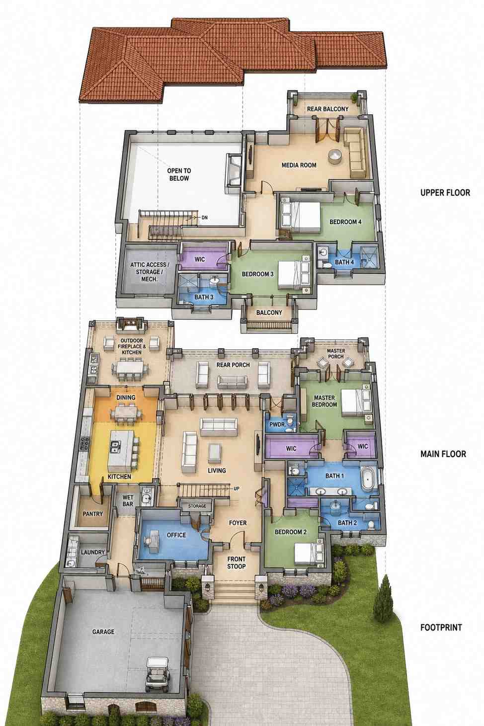 Exploded Axonometric View of Mediterranean Villa House Plan with Outdoor Kitchen and Fireplace 
