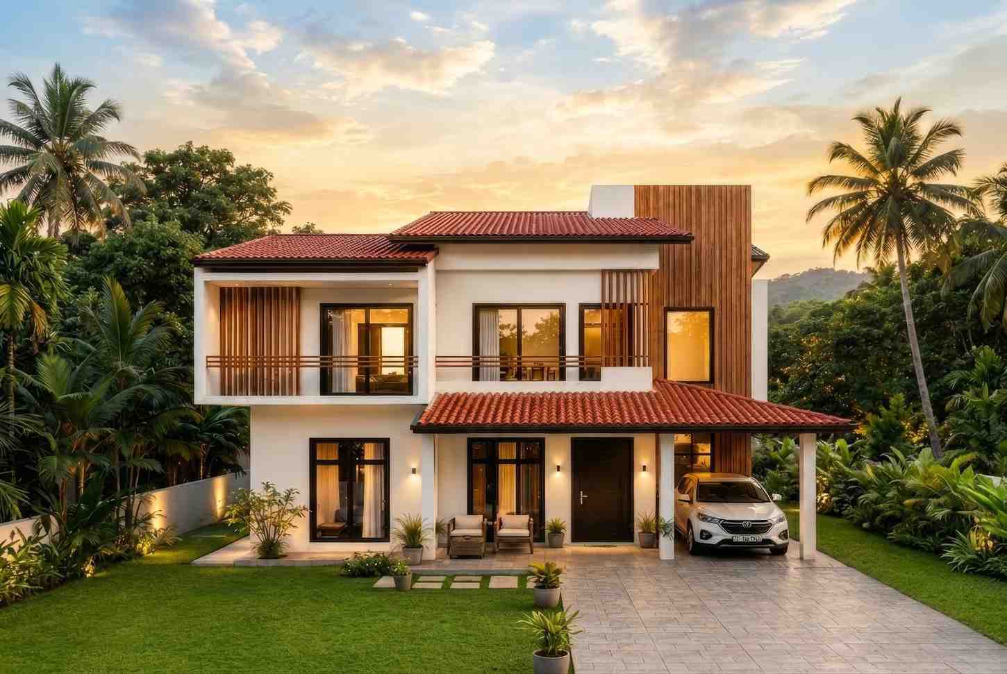 Front Elevation showing the striking timber batten screens and interlocking tropical modern rooflines.