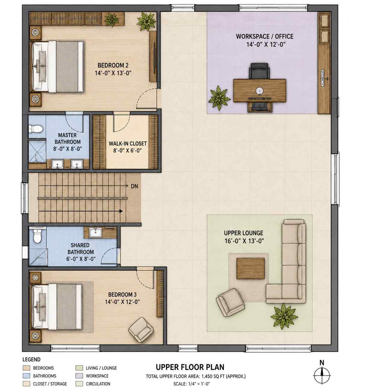 Upper Floor Blueprint of 2 Story Modern Contemporary House Plan with Home Office and Courtyard