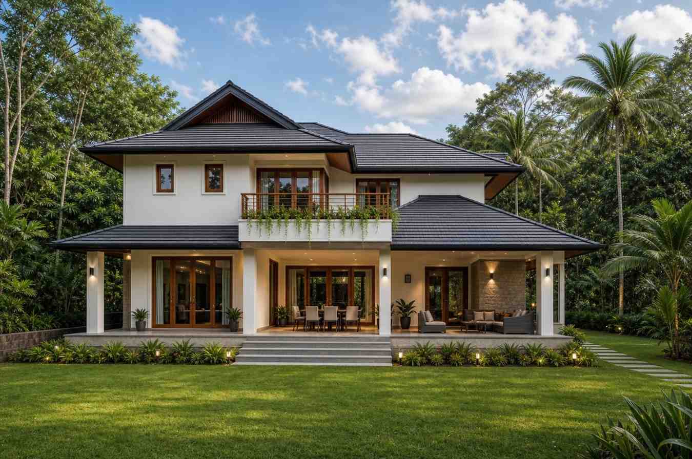 Rear elevation of 4 Bedroom 2 Story Tropical Contemporary House Plan with Covered Terrace
