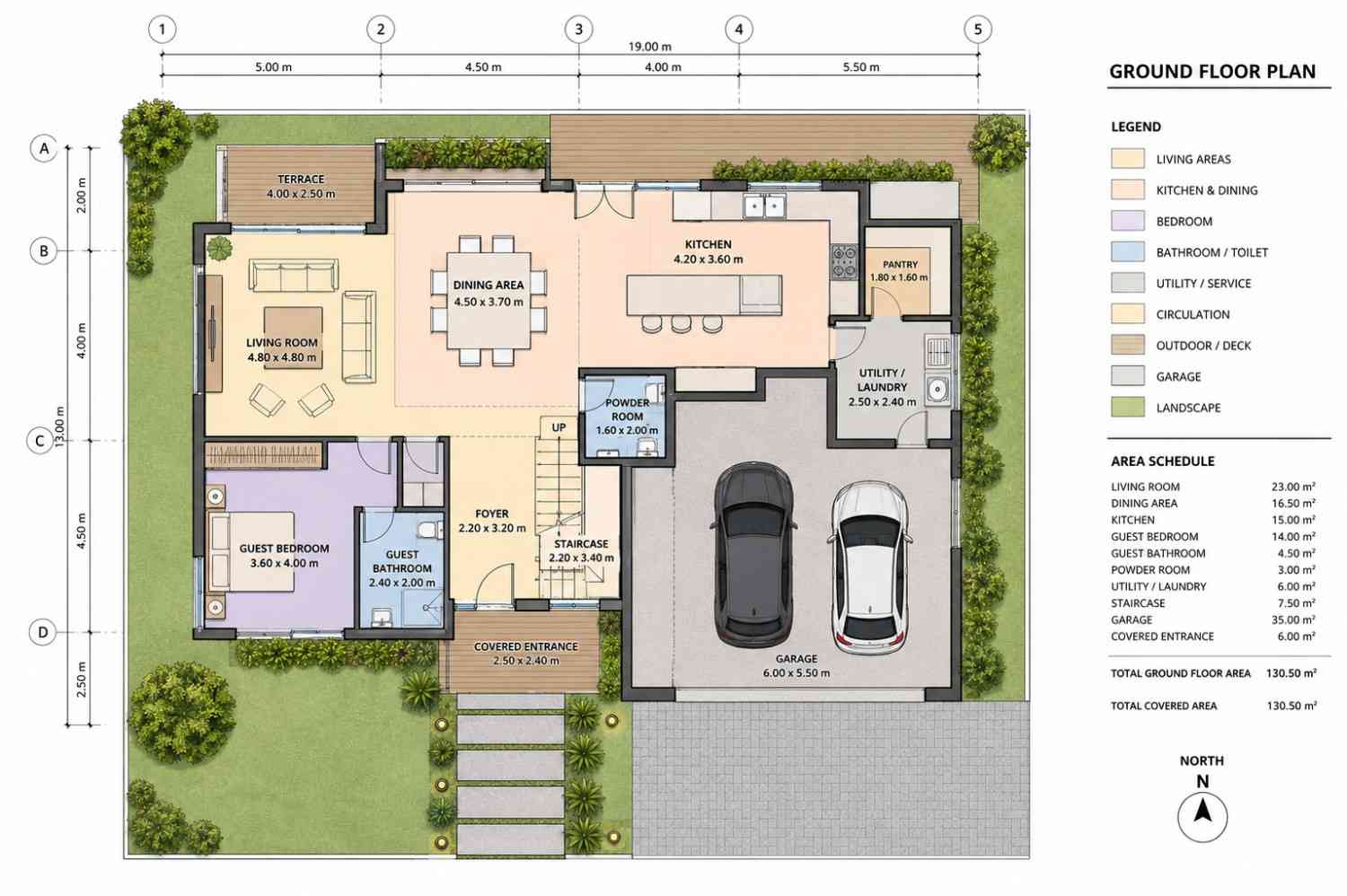 Ground floor plan- public living, a guest suite, and the two-car garage.