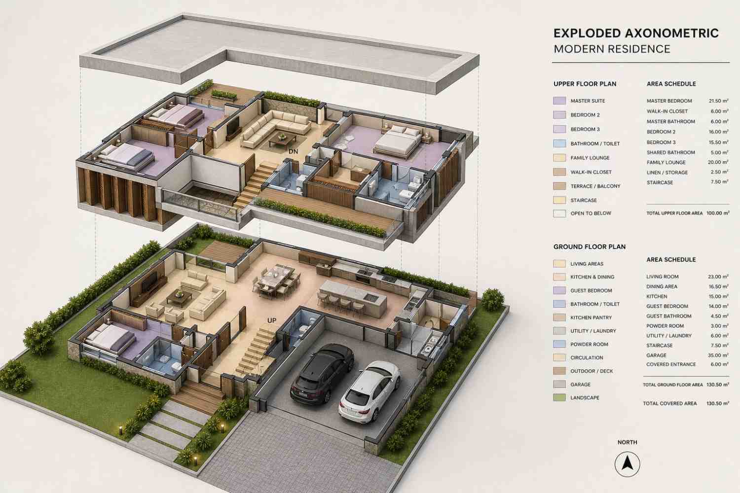 3D View of 4 Bedroom 2 Story Contemporary House Plan with Family Lounge