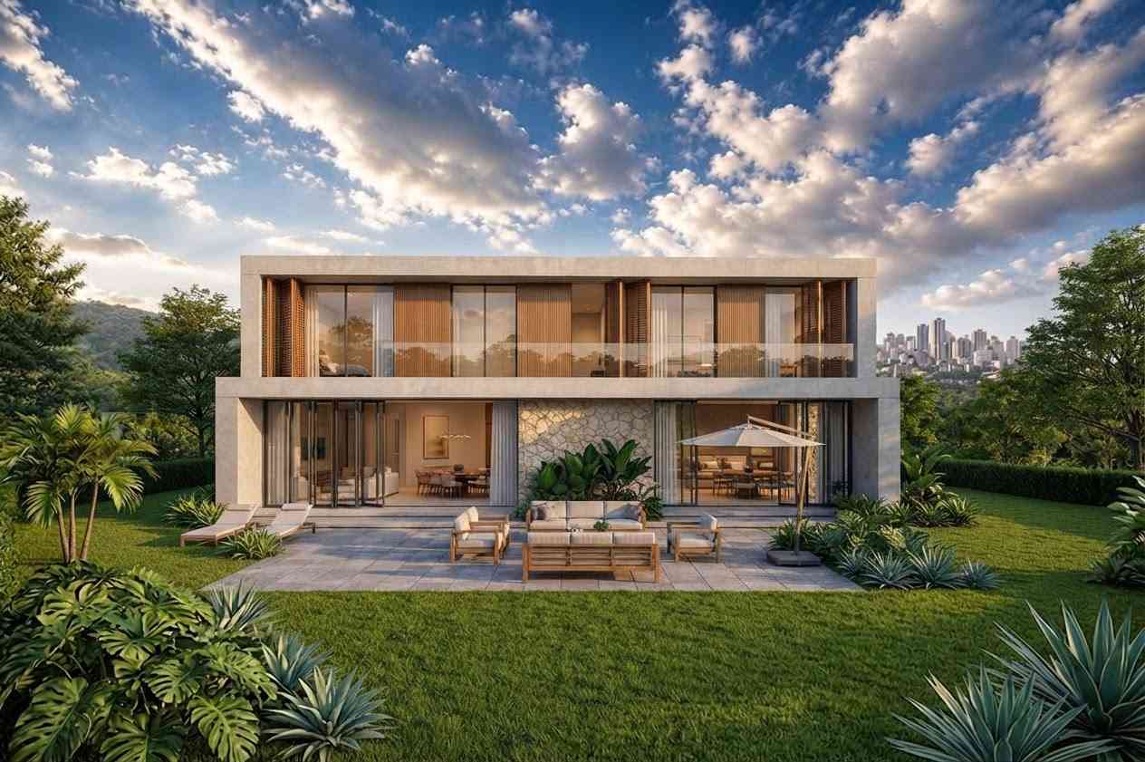 Rear elevation of the 4 Bedroom 2 Story Contemporary House Plan with Family Lounge.