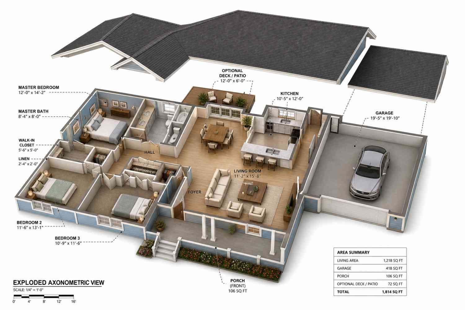 Exploded Axonometric View of 3 Bedroom Single Story Modern Ranch House Plan with Sloped Ceiling