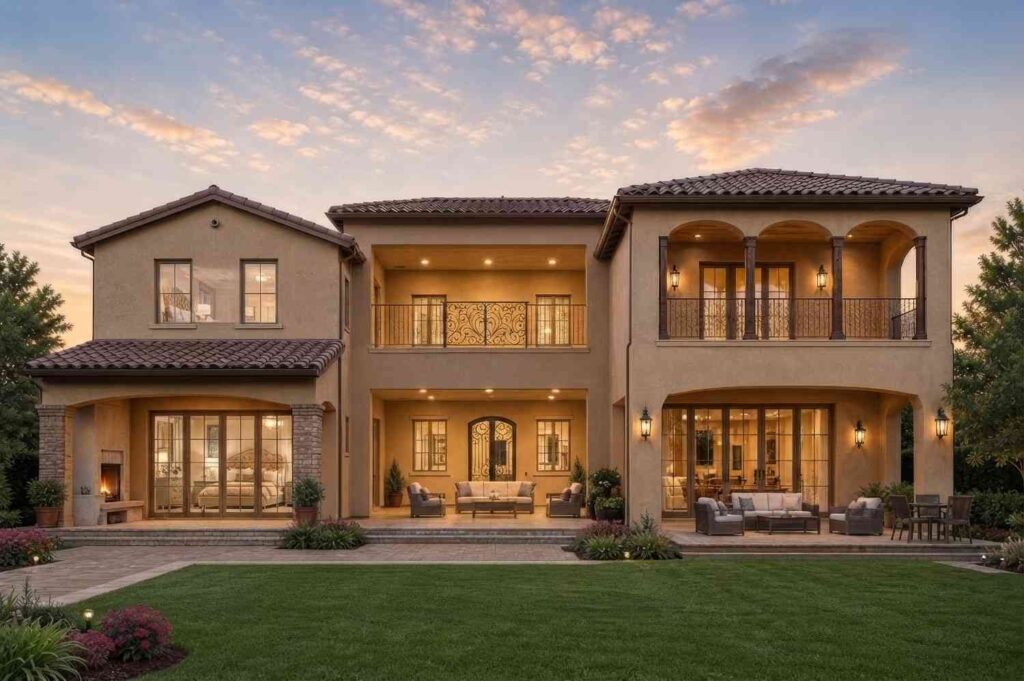 Rear Elevation of 3 Bedroom 2 Story Mediterranean House Plan with Rotunda and Home Theater