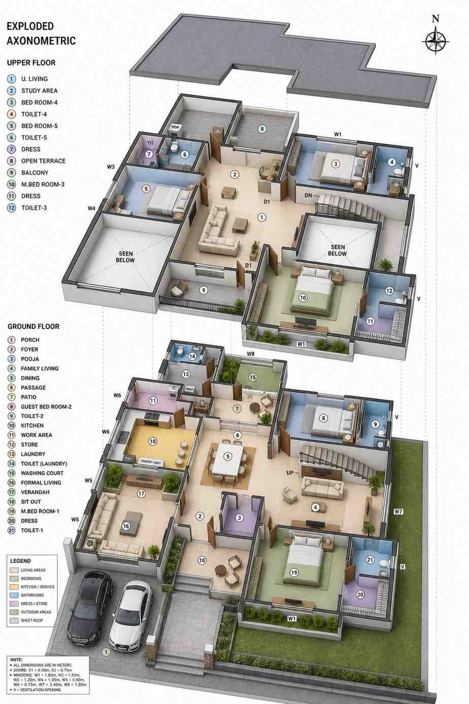 Exploded Axonometric View of the 5-Bedroom Contemporary Villa