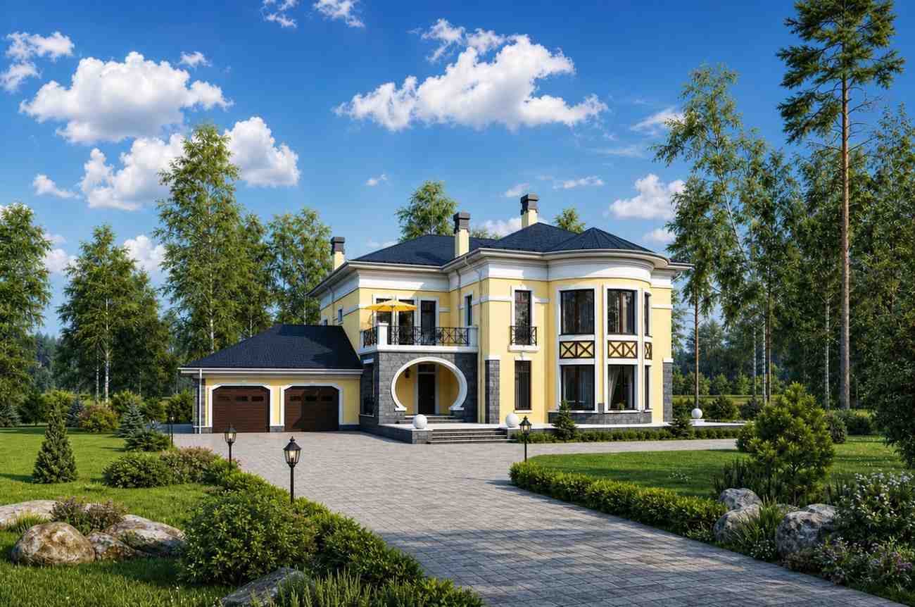 Front Elevation of 4 Bedroom 2 Story European Traditional House Plan with Wraparound Terrace