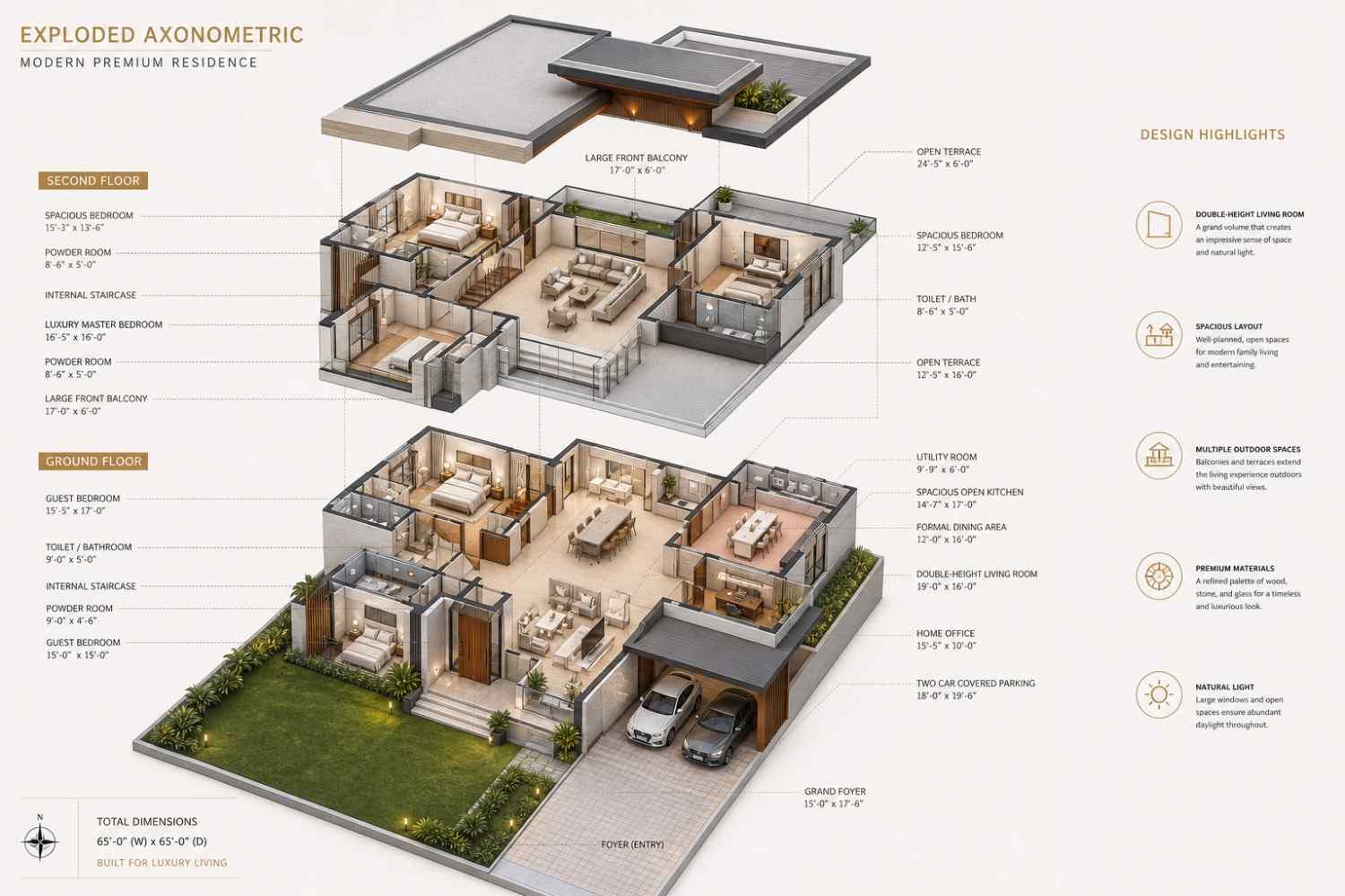 Exploded Axonometric View of 5 Bedroom 2 Story Contemporary House Plan with Double Height Living Room