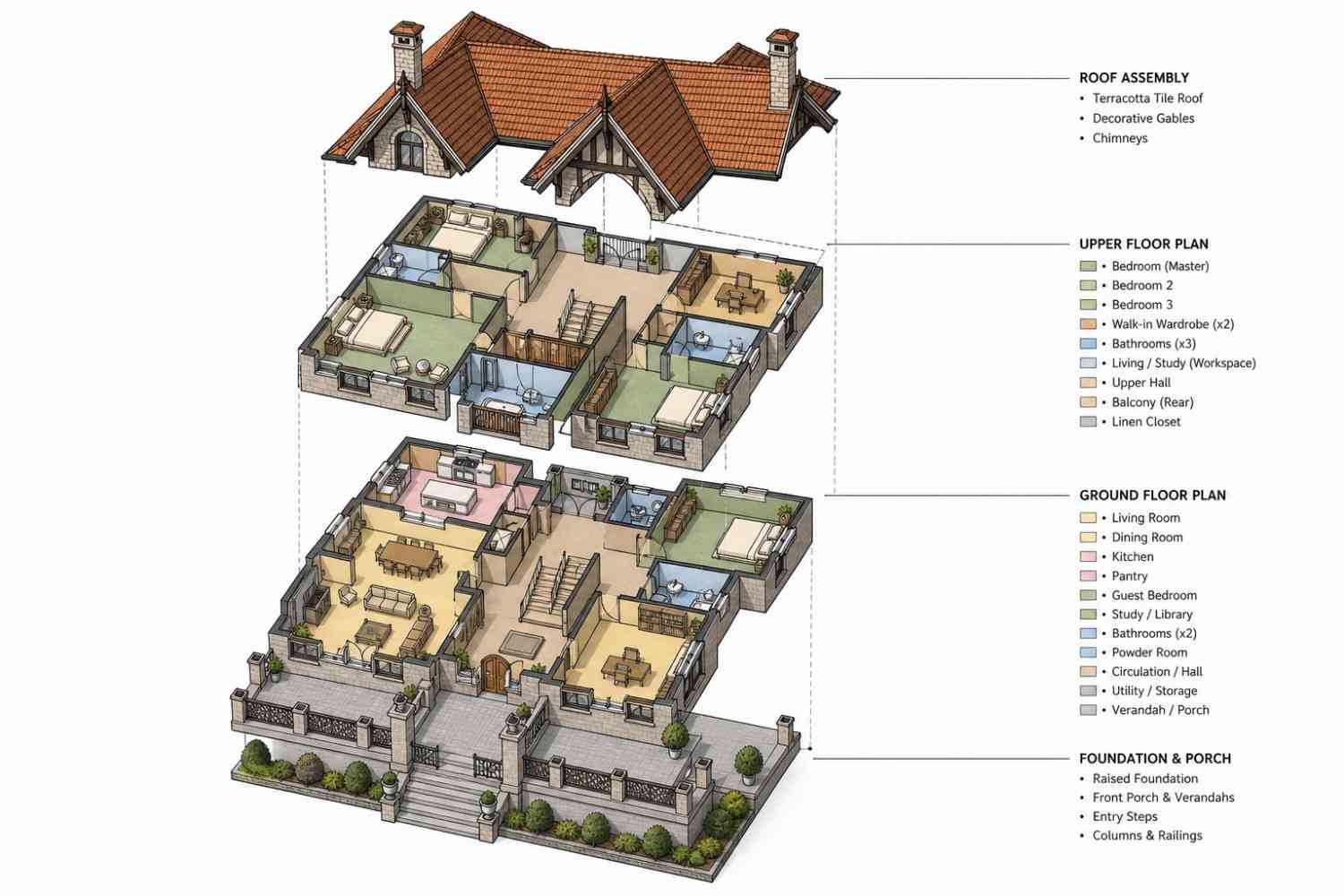 3D perspective render of Victorian House Plan with Wraparound Porch