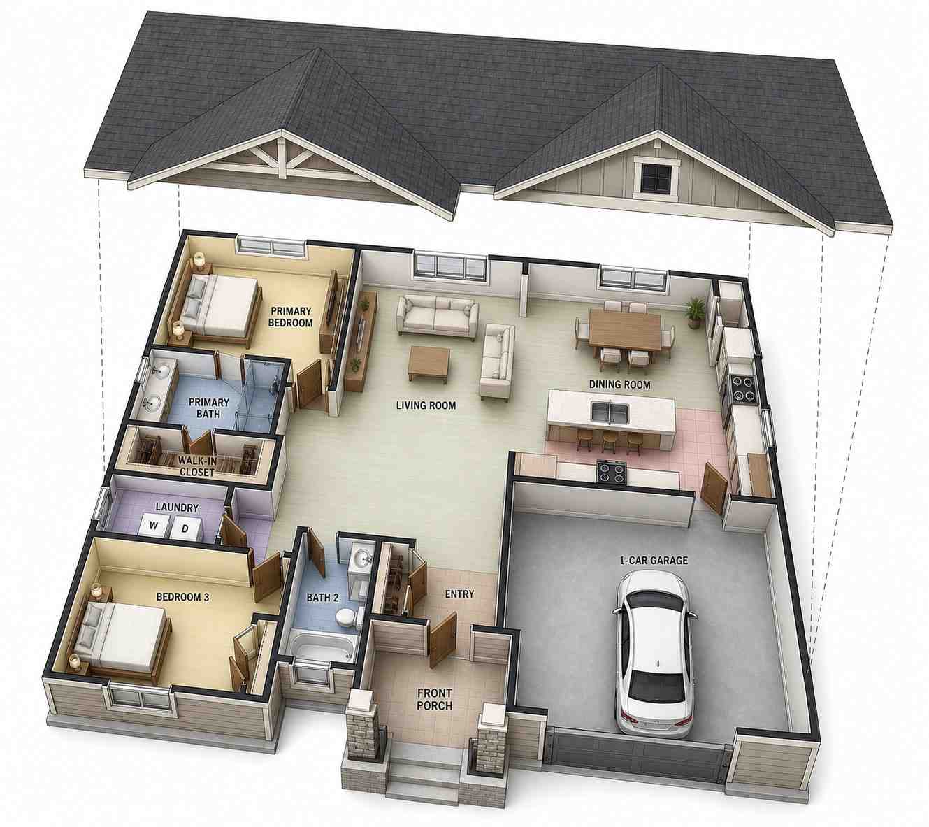 Exploded Axonometric View of 2 Bedroom Single Story Craftsman House Plan with Split Bedroom Layout