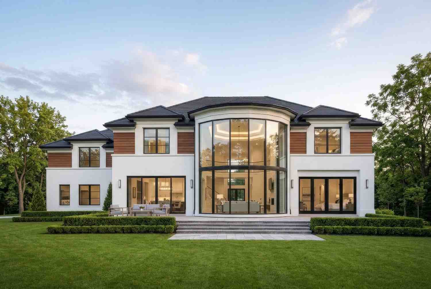 Rear Elevation showcasing the expansive glass openings from the family room and kitchen onto the outdoor entertainment deck