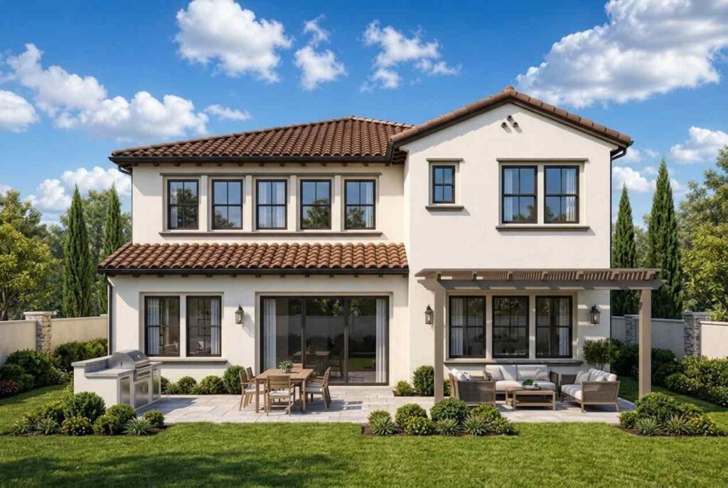 Rear Elevation (Back View) of 5 Bedroom 2 Story Mediterranean House Plan with Home Office