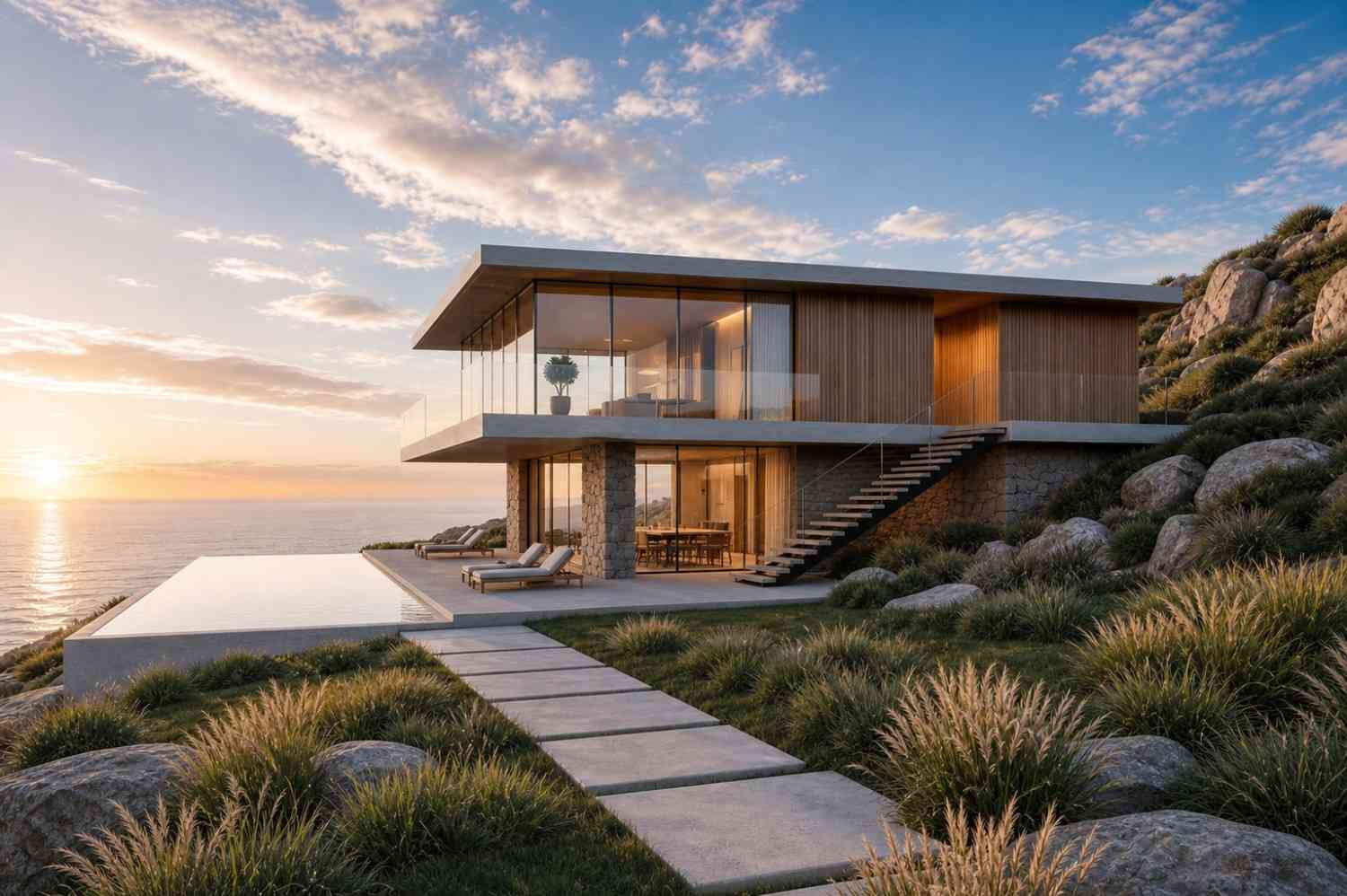Right Side Elevation of Luxury 3 Bedroom Coastal Modern House Plan with Infinity Pool and Panoramic Views