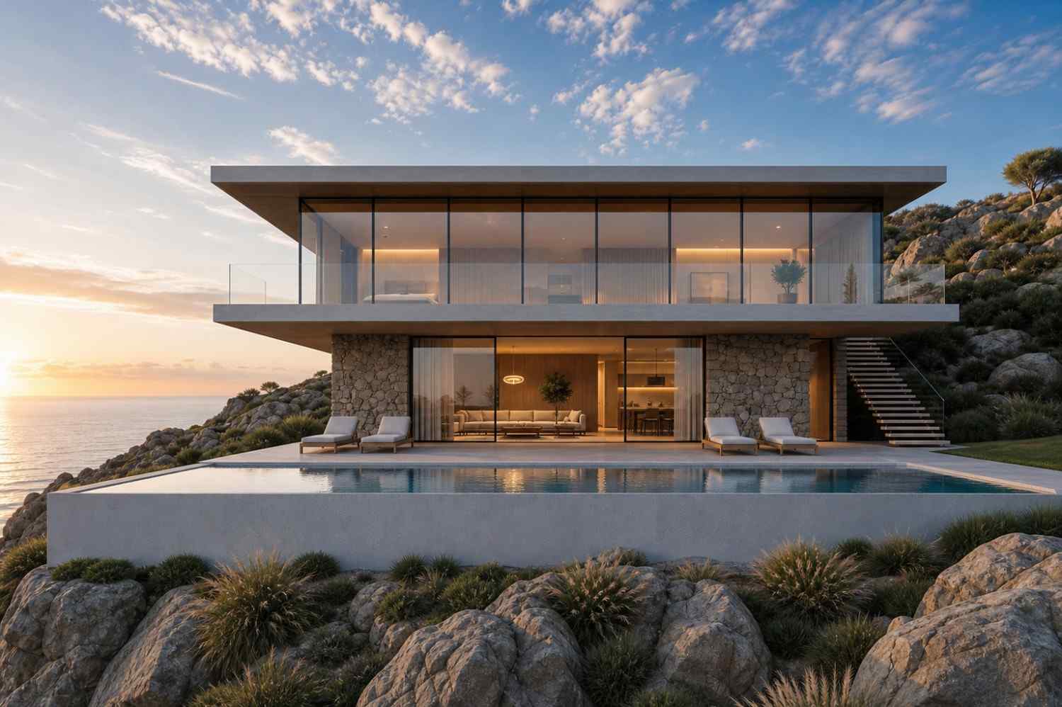 Front Elevation of Luxury 3 Bedroom Coastal Modern House Plan with Infinity Pool and Panoramic Views