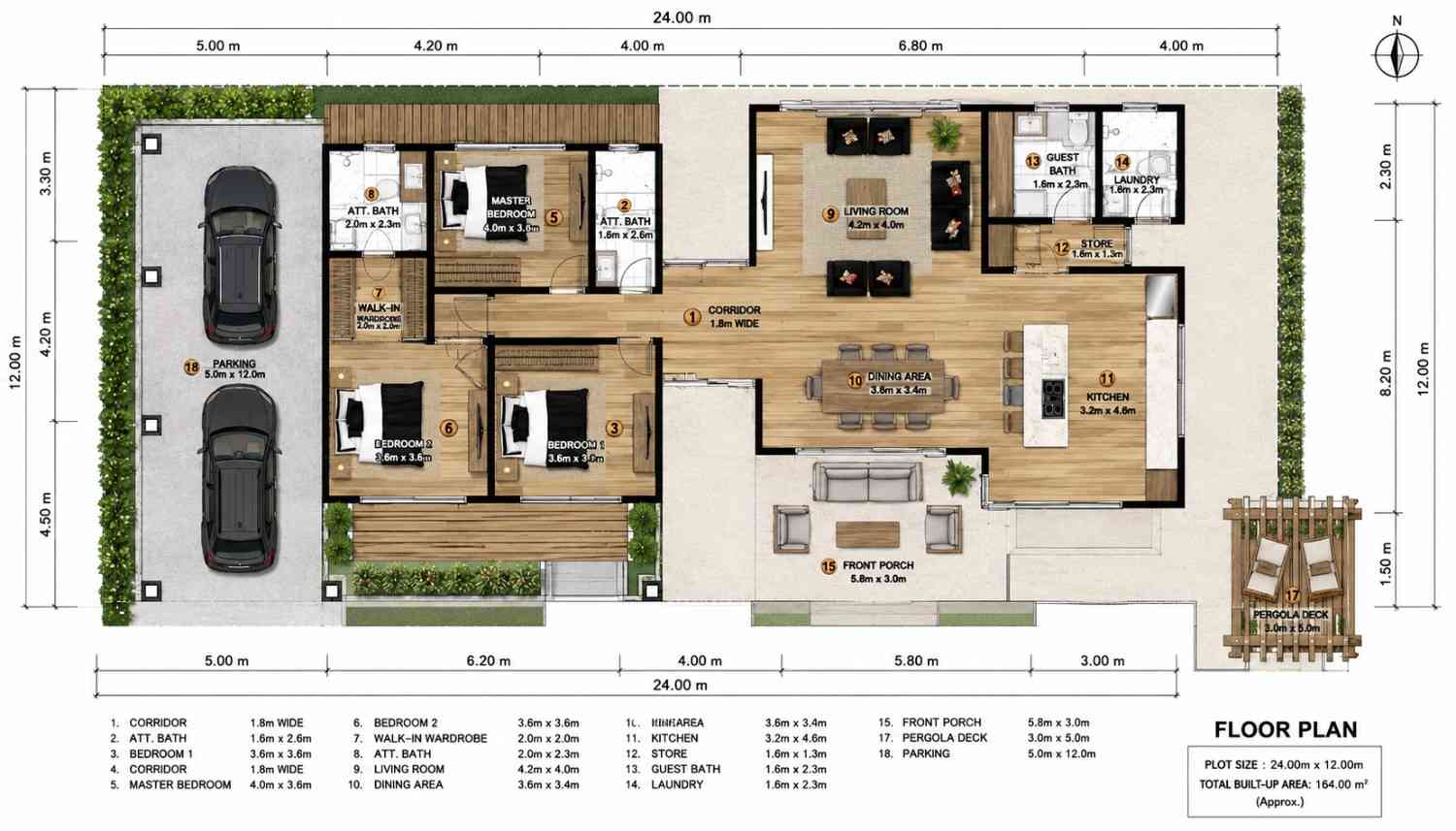 Ground Floor Blueprint of 3 Bedroom Modern Ranch House