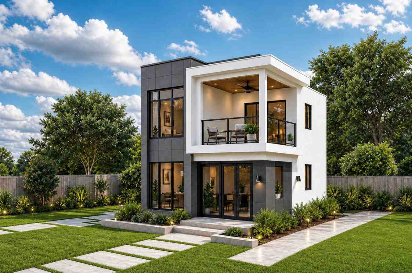 Right Side Elevation of 2 Bedroom 2 Story Modern Compact House Plan with Balcony