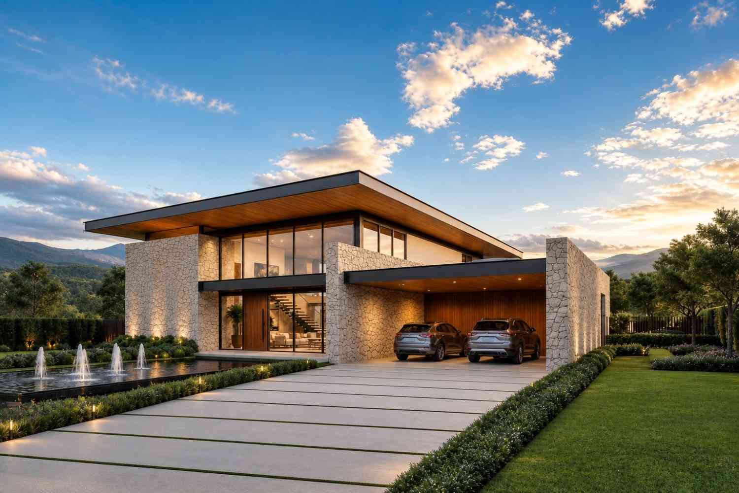 Right Side Elevation of 2 Story Modern Contemporary House Plan with Home Office and Courtyard