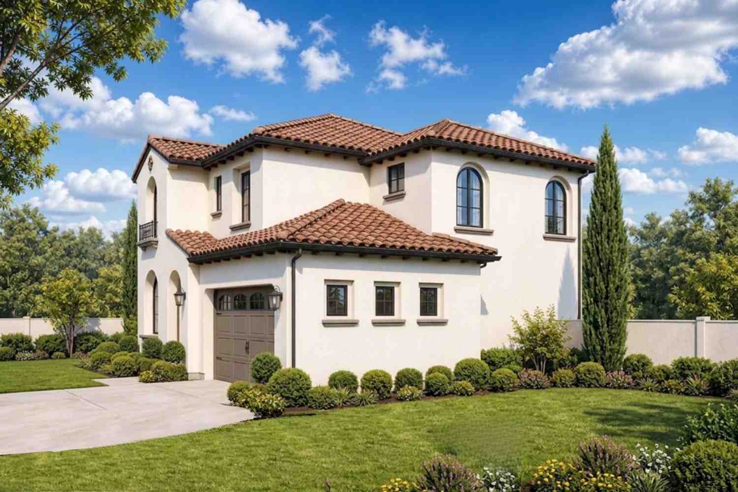Right Side Elevation of 5 Bedroom 2 Story Mediterranean House Plan with Home Office