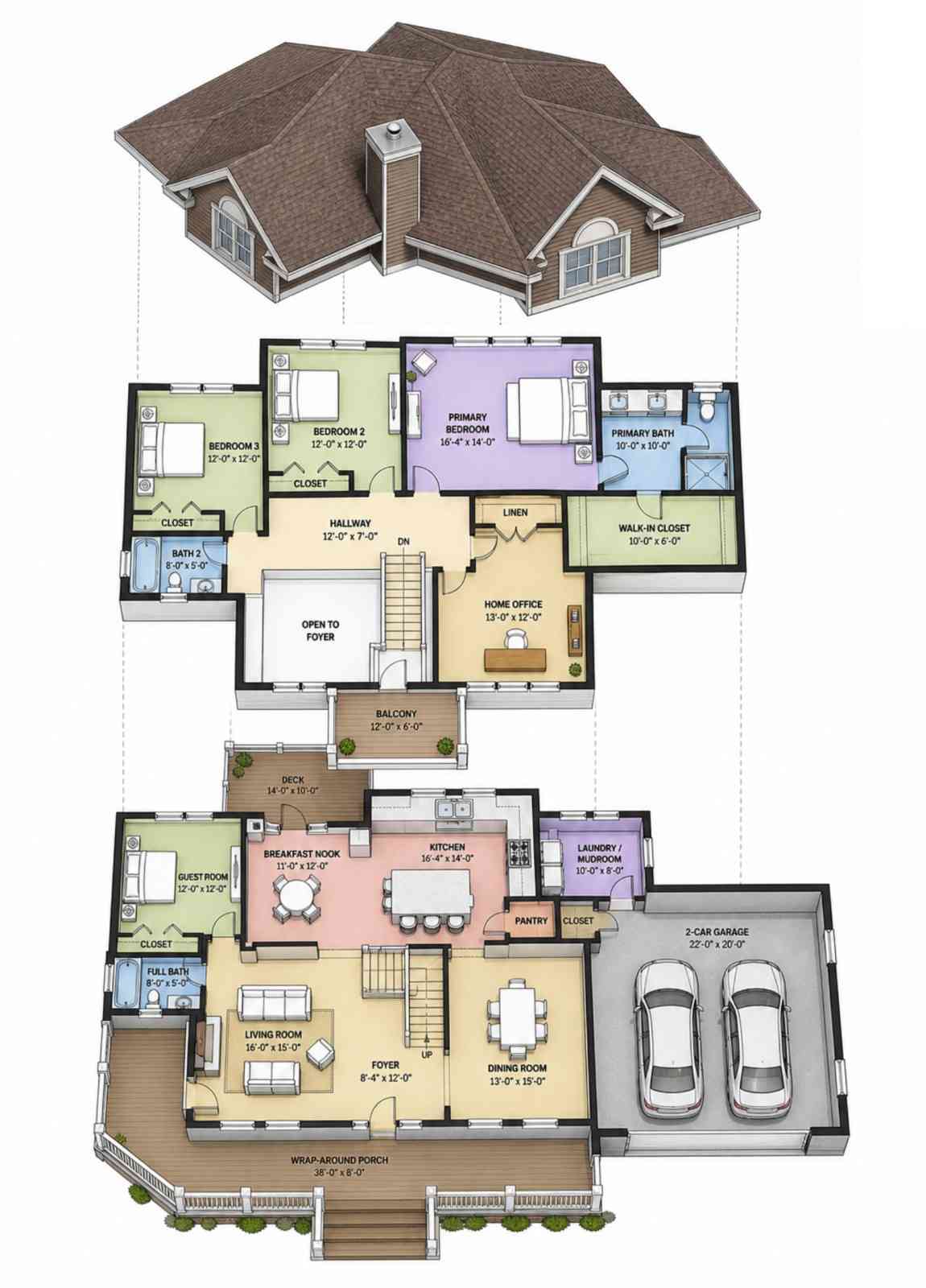 Exploded Axonometric View of 3 Bedroom 2 Story Victorian Farmhouse House Plan with Upstairs Balcony