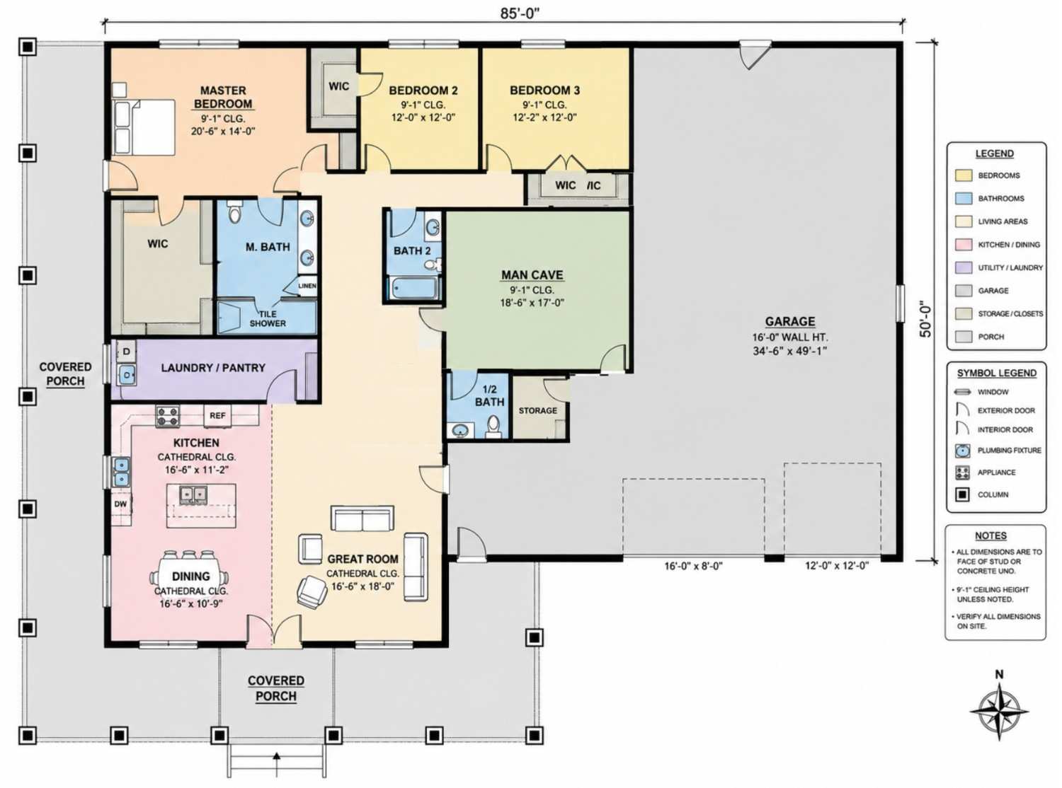 Blueprint of the Single story 3 Bedroom Barndominium House Plan with Shop Garage
