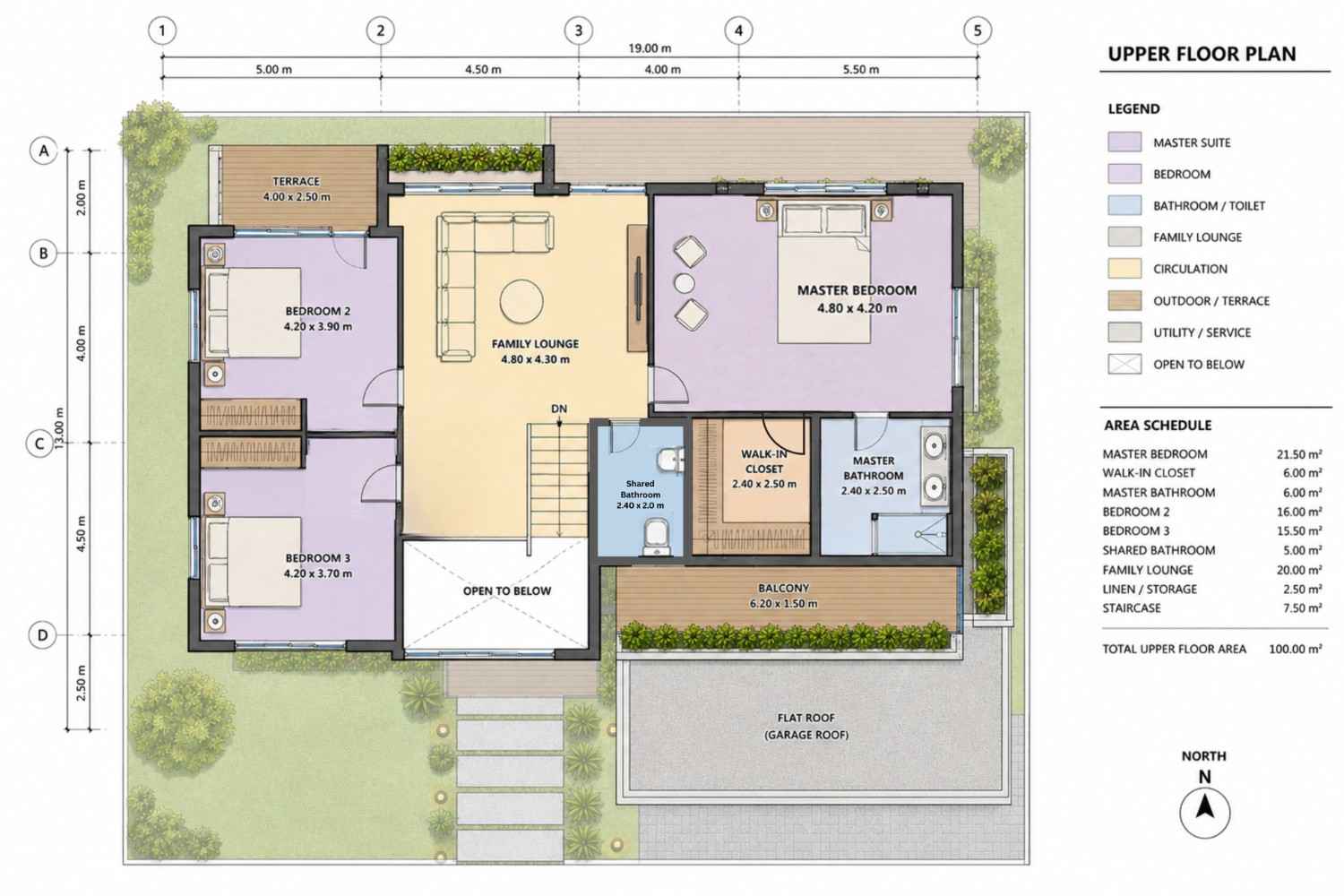Upper floor plan- three bedrooms arranged around the central 215 sq ft family lounge.