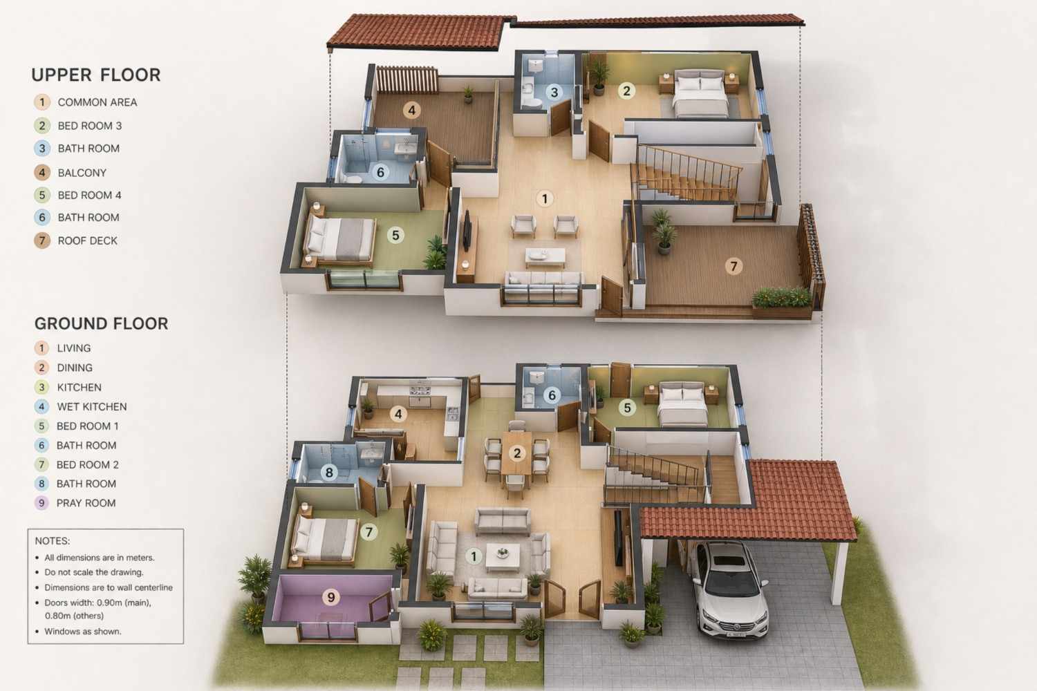 3D View of the 4 Bedroom 2 Story Tropical Modern House Plan with Pray Room