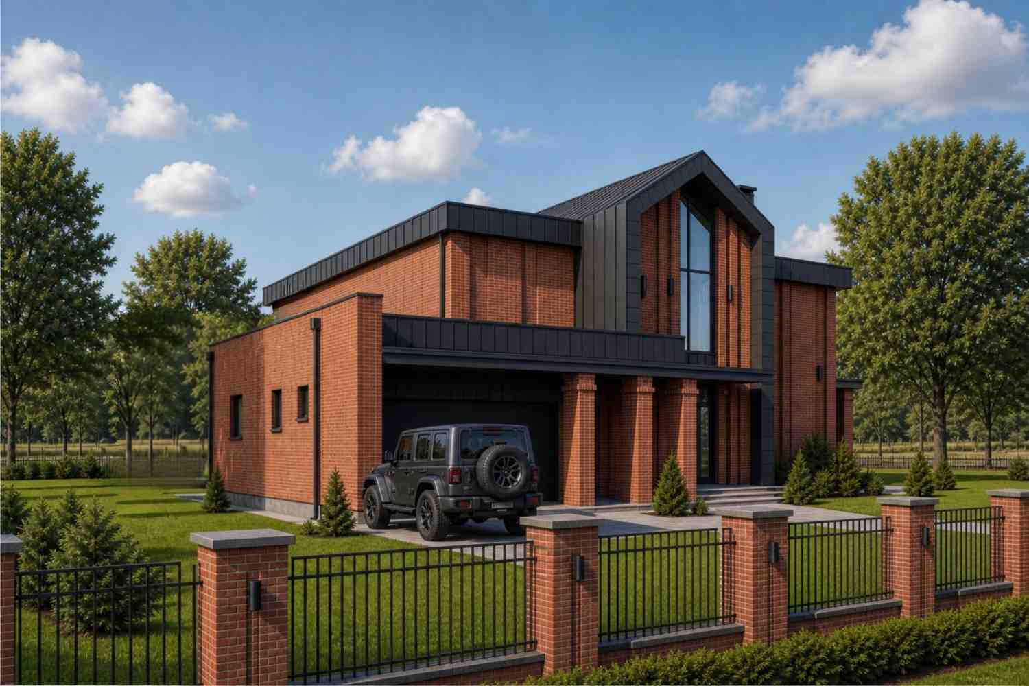Left Side Elevation of 3 Bedroom 2 Story Contemporary House Plan with Upstairs Family Room
