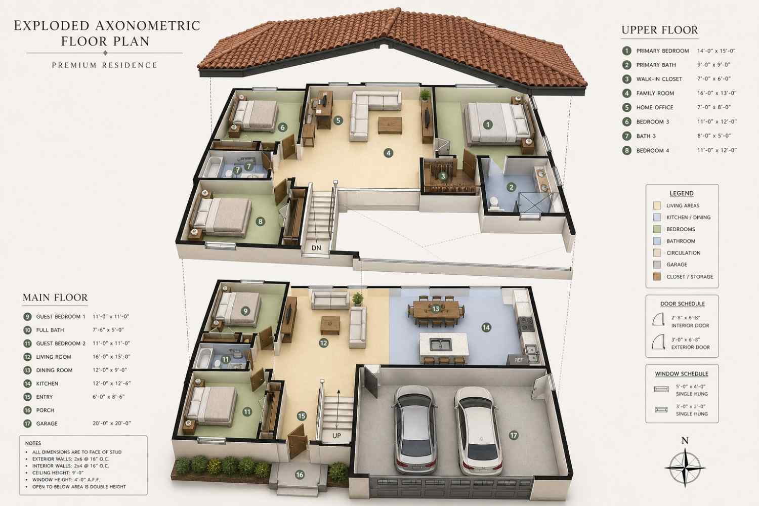 3D View of 5 Bedroom 2 Story Mediterranean House Plan with Home Office