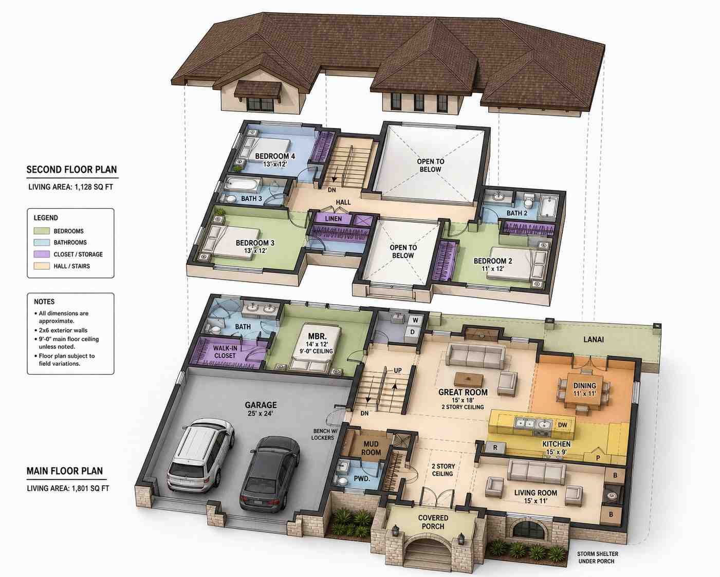 Exploded Axonometric View of 4 Bedroom 2 Story Florida Mediterranean House Plan with Storm Shelter