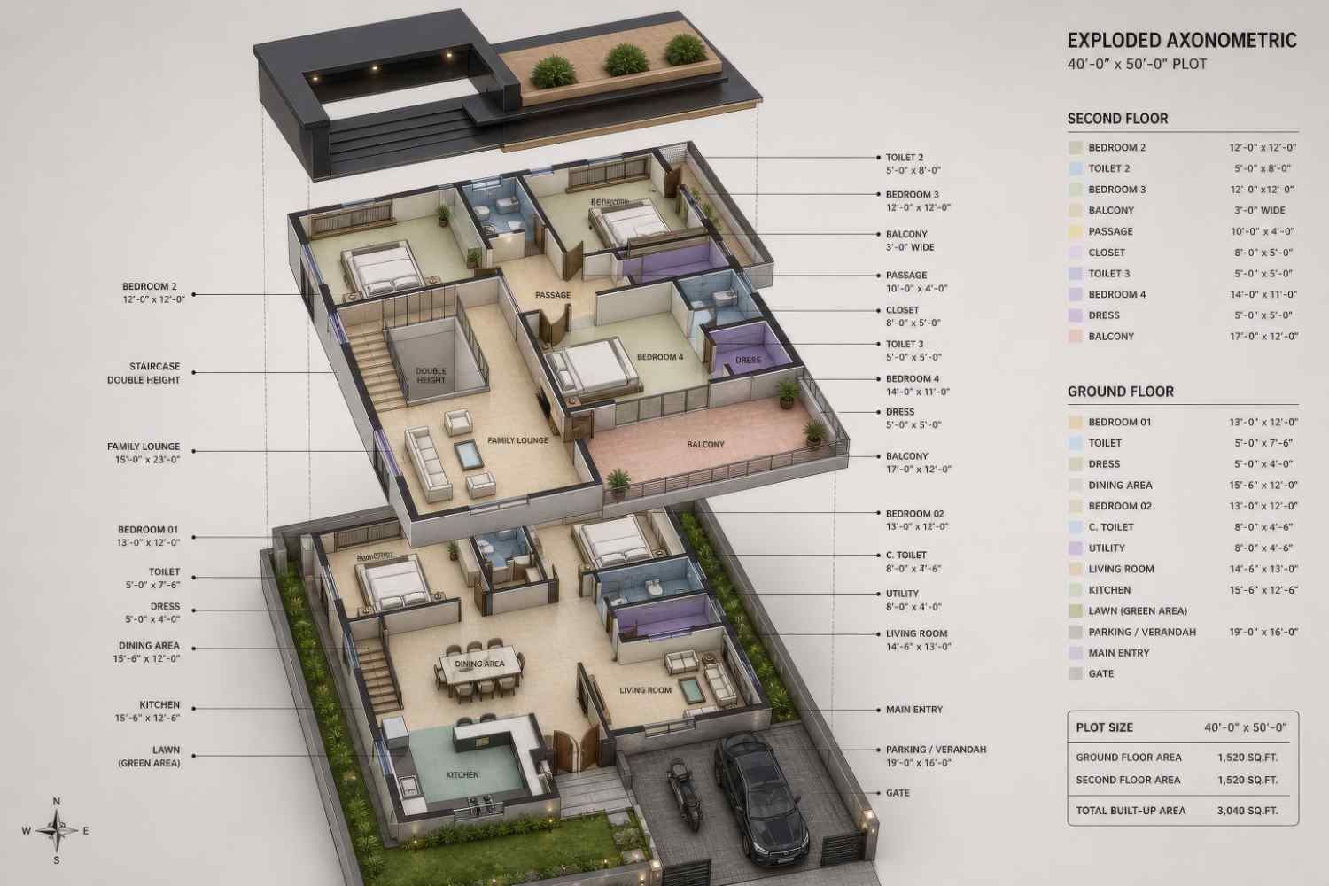 Exploded Axonometric View of 2 Story 4 Bedroom Contemporary House Plan with Double Height Void