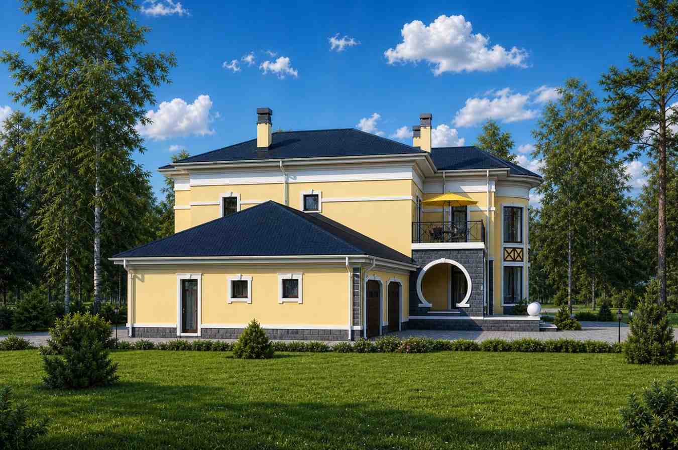 Left Side Elevation of 4 Bedroom 2 Story European Traditional House Plan with Wraparound Terrace