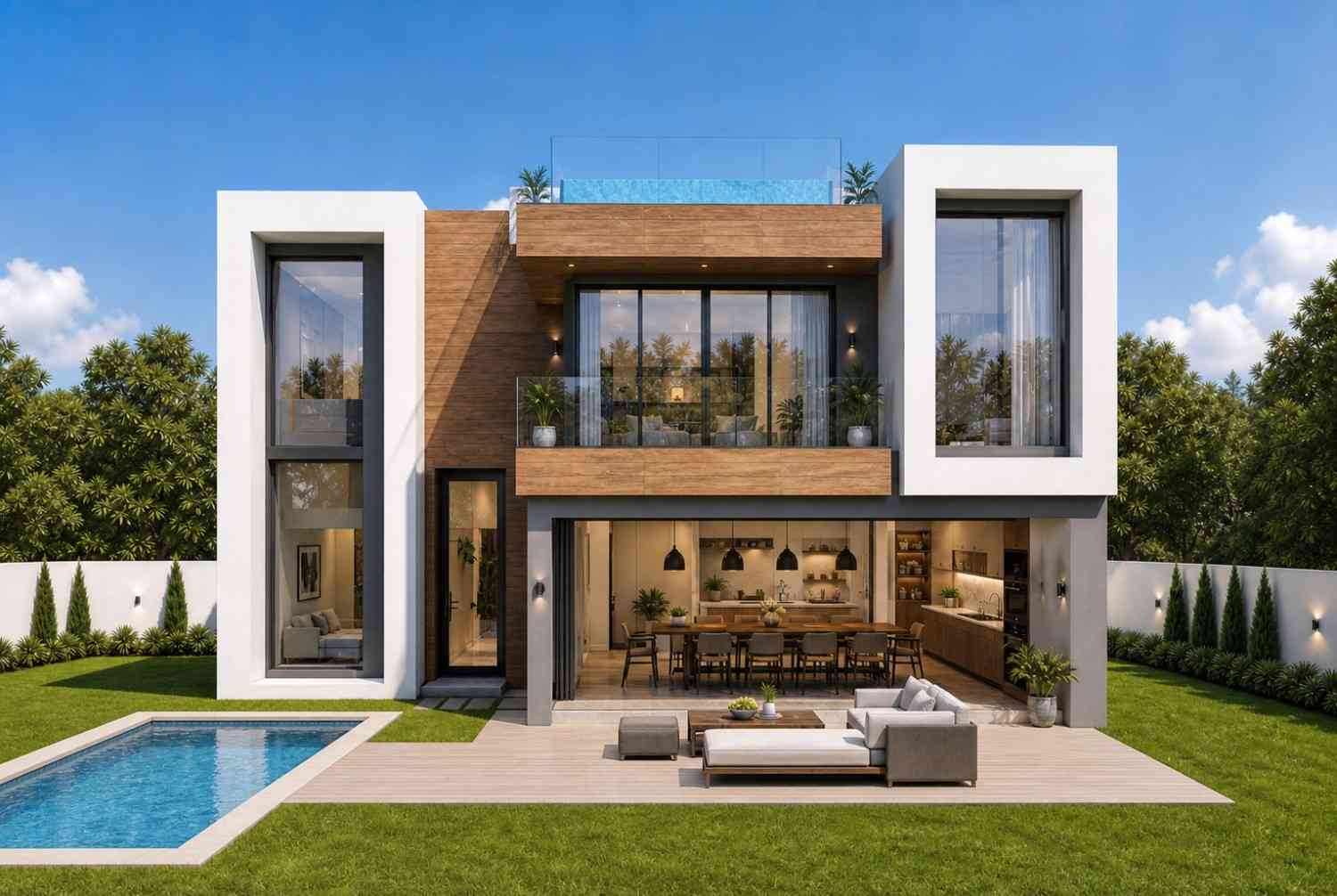 Rear Elevation highlighting the expansive upper balcony overlooking the private courtyard pool below